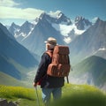 The old man backpacker enjoying mountains landscape travel hike alone in outdoor adventure active healthy lifestyle weekend Royalty Free Stock Photo