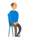 Old man with a bald head sits on a chair vector illustration. Elderly person with hands on knees