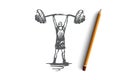 Old, man, barbell, weight, strong concept. Hand drawn isolated vector. Royalty Free Stock Photo