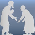 Old man with a beard and an old woman arguing, hunched, gray silhouette on a light blue background