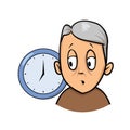 Old man being confused and forgetful about time. Cartoon design icon. Flat vector illustration. Isolated on white