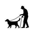 Old man blind with guide dog walking. Vector flat icon