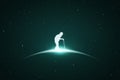 Old man with cane. Elderly male silhouette. Glowing outline in space