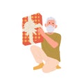 Old man cartoon character shaking box rejoicing gift with congratulation for birthday anniversary