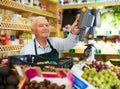 Old man cashier standing at counter in greengrocer Royalty Free Stock Photo