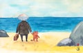 Old man, cat and sea, off-season jaunt to beach