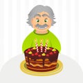 Old man celebrating birthday. Senior man with chocolate cake and candle sitting alone over white. Portrait of grandfather with Royalty Free Stock Photo