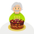 Old man celebrating birthday. Senior man with chocolate cake and candle sitting alone over white. Portrait of grandfather with Royalty Free Stock Photo