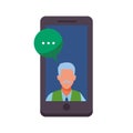 Old man into a cellphone with speech bubble Royalty Free Stock Photo