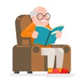 Old Man Characters Read Book Sit Chair Adult Icon Flat Design Vector Illustration