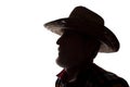 Old man in cowboy hat, side view - dark close-up silhouette