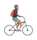 Old man cyclist. Elderly on bike with backpack outdoor activities, simple senior character healthy leisure lifestyle and Royalty Free Stock Photo