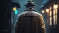 old man detective investigator in a hat and coat stands with back on night street with rain in the style of film noir Royalty Free Stock Photo