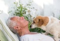 Old man with dog in garden Royalty Free Stock Photo