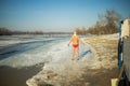 Old Man Going To Swim In The Winter Lake In The Ice Hole Royalty Free Stock Photo