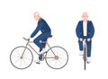 Old man dressed in sport clothing riding bike. Flat male cartoon character on bicycle. Pedaling elderly cyclist or Royalty Free Stock Photo