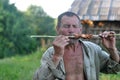 Old man eats meat Royalty Free Stock Photo