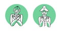 Old man and elder woman with emotion of disgust circle icons, facial expression with hands. Disgusted people expressing their