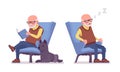 Old man, elderly person resting in armchair, sleeping, reading book Royalty Free Stock Photo