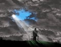 A old man in a fedora sits on a bench in front of a wall of storm clouds but a glimmer of sunlight shines through a small hole in Royalty Free Stock Photo