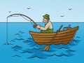 old man fishing from boat pinup pop art raster Royalty Free Stock Photo