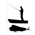 Old man is fishing coryphaena on boat. Vector silhouette illustration. Royalty Free Stock Photo