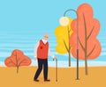 Old man vector illustration. An elderly man with glasses and walking cane in autumn city park Royalty Free Stock Photo