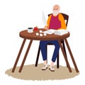 old man focus writer paper sheet professional author job workplace indoor writing feather pen with coffee and apple