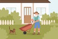 Old man gardener work in garden, cartoon elderly bearded farmer character working with wheelbarrow Royalty Free Stock Photo