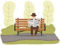 Old man with glasses sitting and reading newspaper on bench in park. Retiree elderly male character