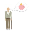 Old man grandpa character thinking about saving money in piggy bank