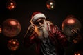 old man grey beard hold vintage disco ball dance funky wear santa x-mas costume. AI Generated