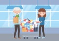 Old man with grocery bag and woman with cart full purchase excess