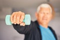 Old man, hand or dumbbell fitness workout for power, exercise and strong arms in retirement. Activity closeup, gym blur Royalty Free Stock Photo