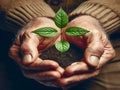 Old man hands holding a green young plant Royalty Free Stock Photo