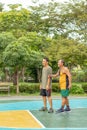 Old man happy with exercise to play basketball at BangYai Park.