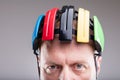 Close up of a bike helmet on an old man