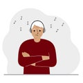 A old man in headphones listens to music. Podcast and hobby concept. Character for decor, design and print.