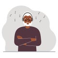 A old man in headphones listens to music. Podcast and hobby concept. Character for decor, design and print.