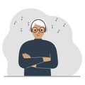 A old man in headphones listens to music. Podcast and hobby concept. Character for decor, design and print.