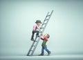 Old man is helping another to climb a ladder