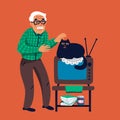 Old Man with his cat. Grandfather petting his black cat which is laying on tv. Elderly people lifestyle. Flat style