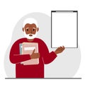 A old man holds a stack of books in one hand, a clipboard in the other, space for text. Knowledge, education, teaching Royalty Free Stock Photo