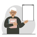 A old man holds a stack of books in one hand, a clipboard in the other, space for text. Knowledge, education, teaching Royalty Free Stock Photo