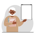 A old man holds a stack of books in one hand, a clipboard in the other, space for text. Knowledge, education, teaching Royalty Free Stock Photo