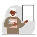 A old man holds a stack of books in one hand, a clipboard in the other, space for text. Knowledge, education, teaching Royalty Free Stock Photo