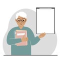 A old man holds a stack of books in one hand, a clipboard in the other, space for text. Knowledge, education, teaching Royalty Free Stock Photo