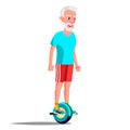 Old Man On Hoverboard Vector. Riding On Gyro Scooter. One-Wheel Electric Self-Balancing Scooter. Positive Person