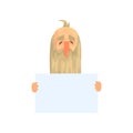 Old man with long beard with blank paper in hands. Funny grandfather character. Flat vector with place for your text.