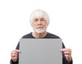 Old Man With Long Hair Holding 18 Percent Gray Card